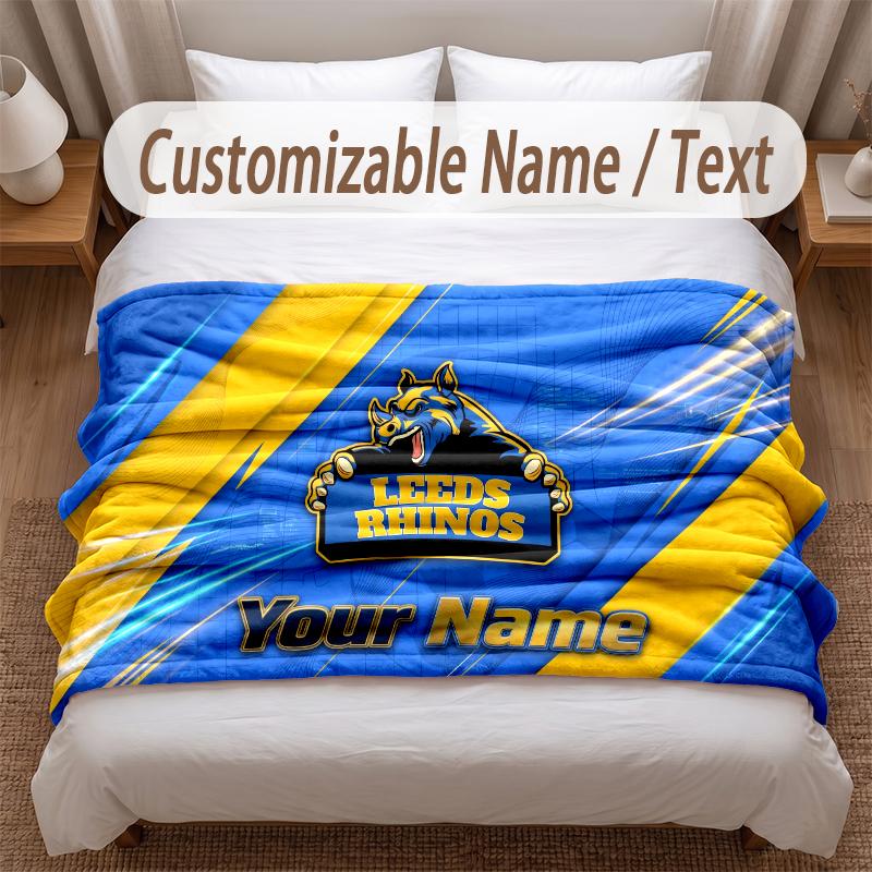 Leeds Rhinos Printed Flannel Blanket Custom Name Text Soft Warm Throw For Bedroom Holiday Gift