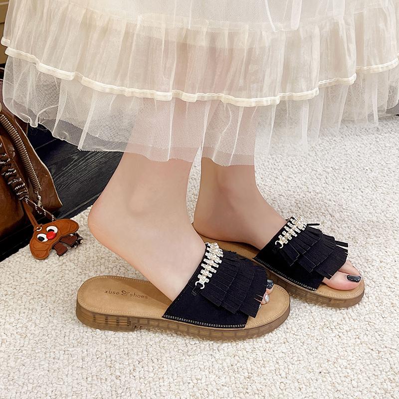 

Fashion Korean Edition Pearl Retro Fashion Tassel Slippers Women Outside Wear Casual Flat Comfortable Slippers 41 чёрный
