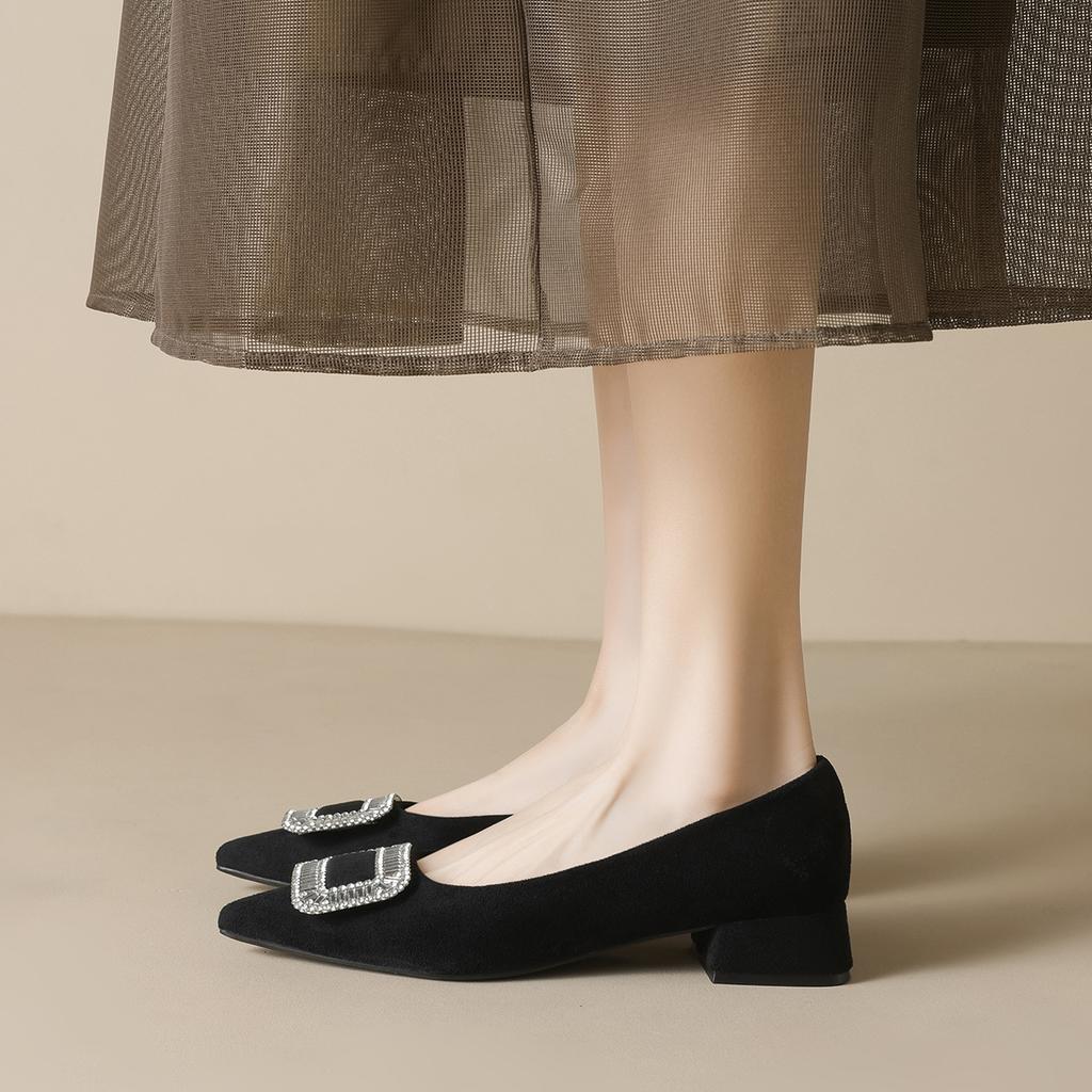 Temperament High Heels Rhinestone Single Shoes Women's Spring Black Thick Heel Commuter Women's Shoes