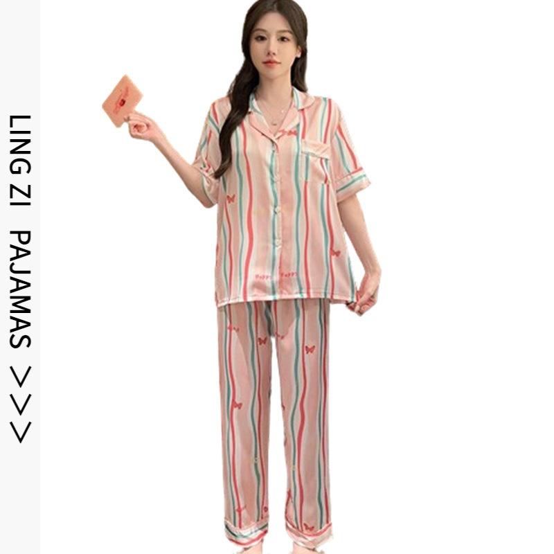 Color striped v-neck thin ice silk pajamas three-piece women's short-sleeved shorts trousers summer casual loungewear