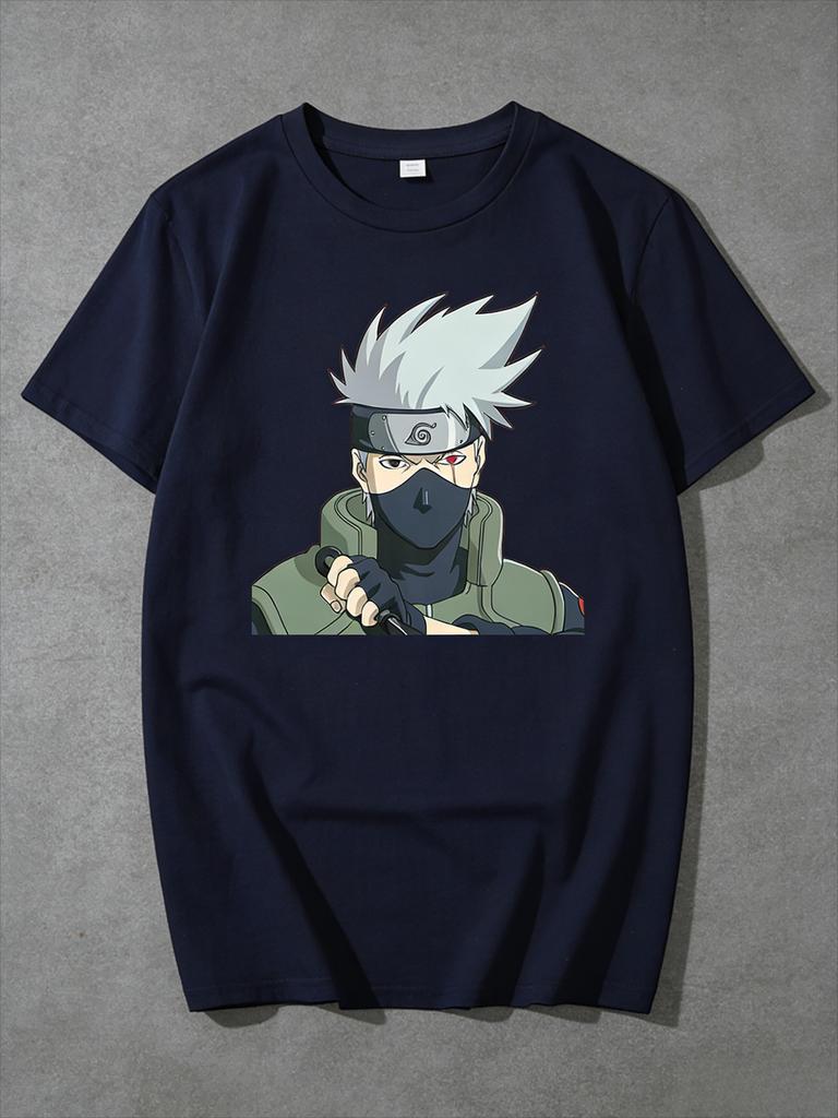 Naruto Kakashi Writing Wheel Eye Style Tshirt Anime Pattern Printed Short Sleeve Fashion High Quality Trendy Cotton Top