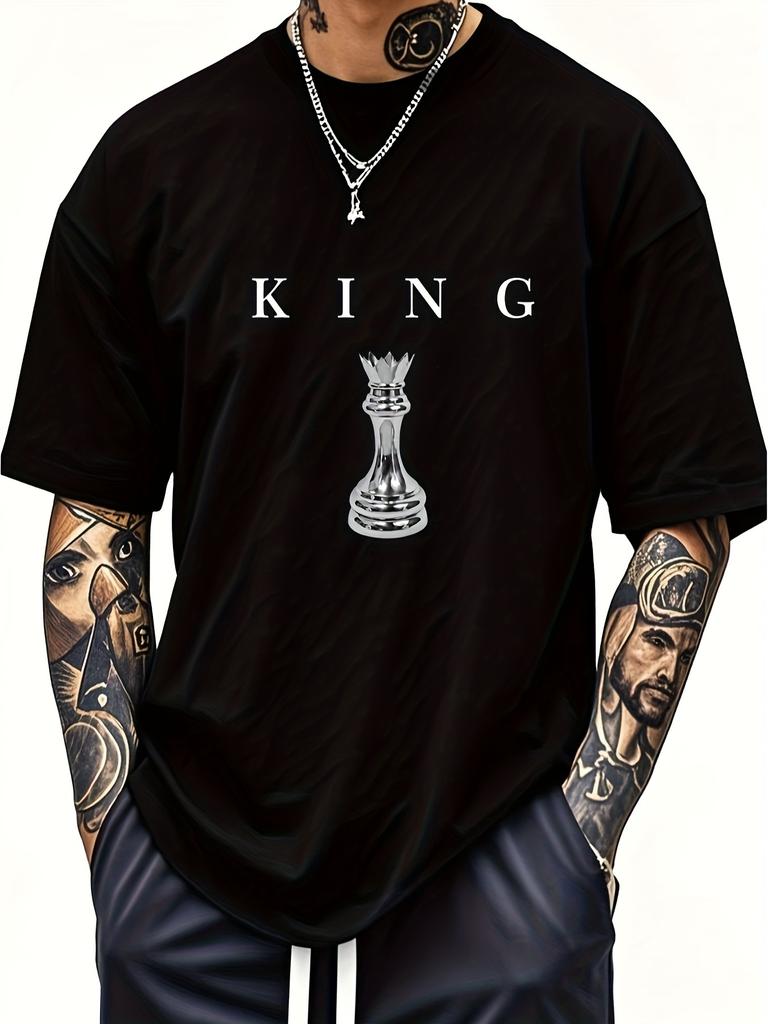 Casual ShortSleeve Round Neck Top for Unisex Featuring a Black Chess King Pattern