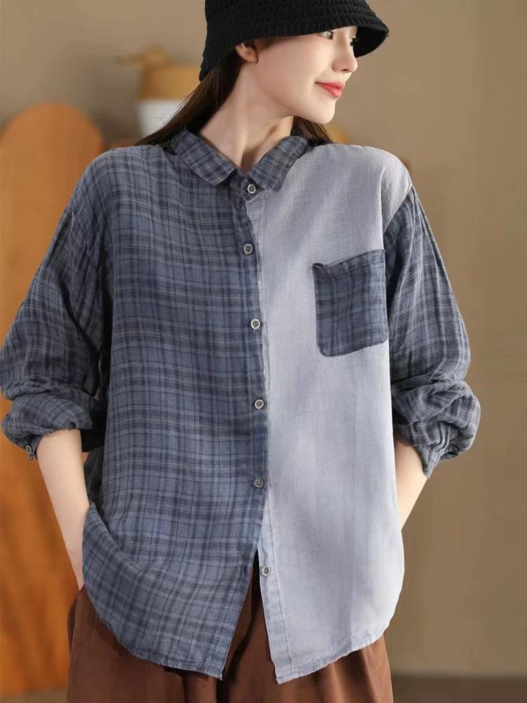 Johnature Woman Autumn Vintage Check Urn Down Collar Shirt Matching Single Breasted Long Sleeves Shirt