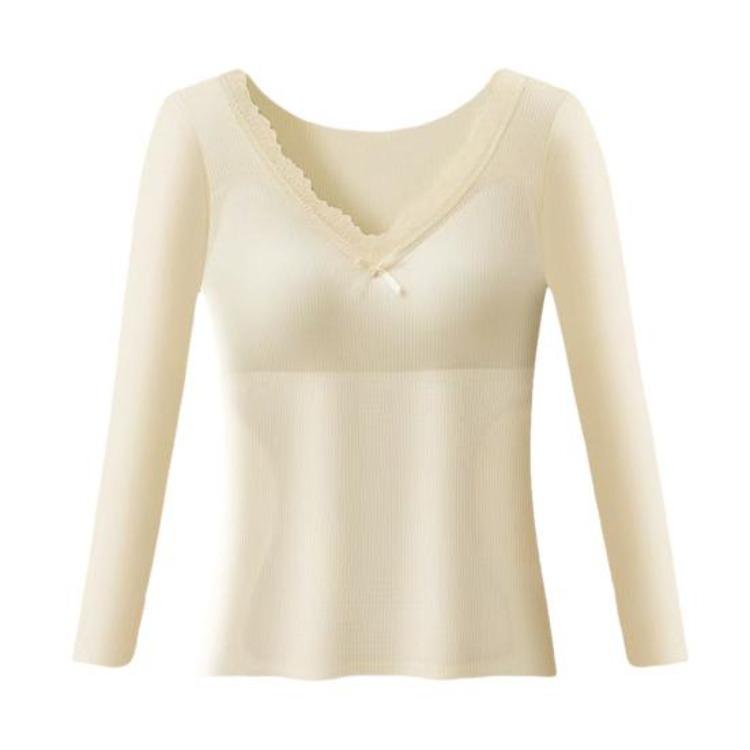 Winter Thermounterhemden für Damen Langarm Slim Fit V-Ausschnitt Spitzenbesatz Einfarbig Gepolsterte Innenschicht Hemd