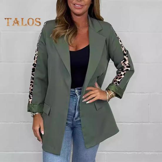 Women Suit Coat Lapel Leopard Stitching Long Sleeve Open Front Suit Jacket with Flap Pockets Business Formal Outwear