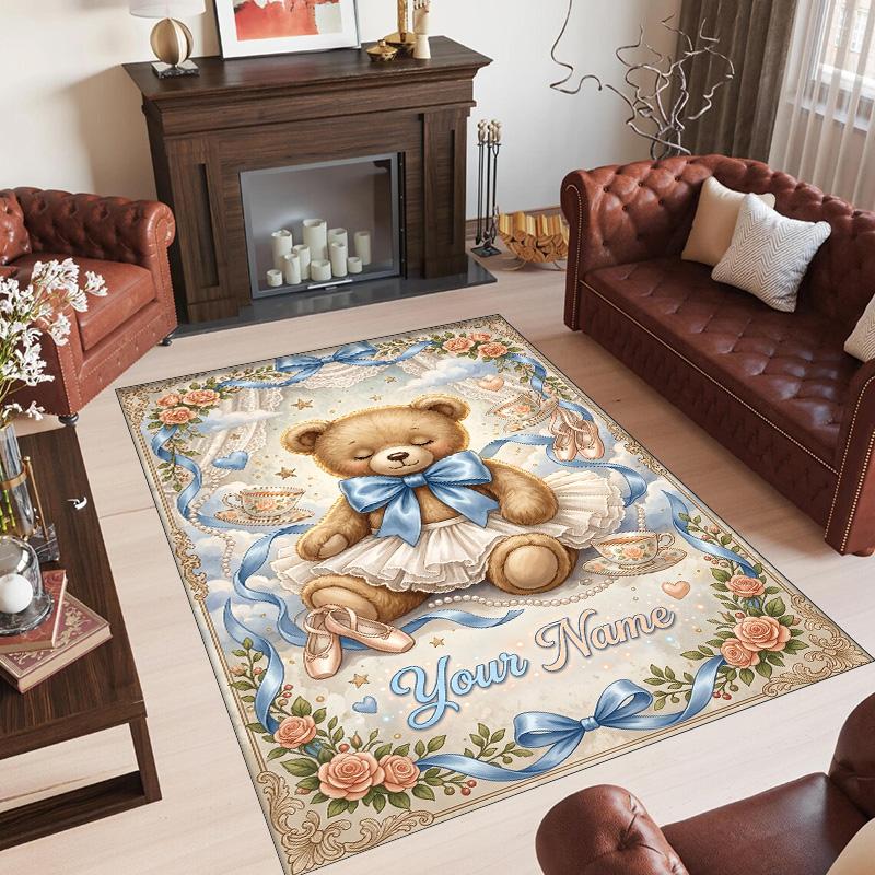 Teddy Bear Theme Crystal Velvet Rug Personalized Custom Name Text Soft Floor Mat Home Decor