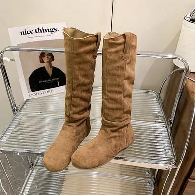 Bottes Plissées pour Femmes 2024 Vente Chaude Bottes Montantes pour Femmes Chaussures Modernes Concises Féminines Bout Rond Plates à Enfiler pour Femmes