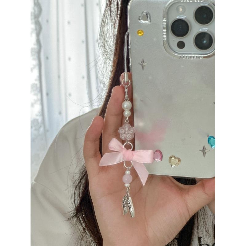 Pink Dance Shoes Keychain Delicate Ribbons Bowknot Keyring for Bags Backpacks Phone Charm Romantics Phone Strap Ornament