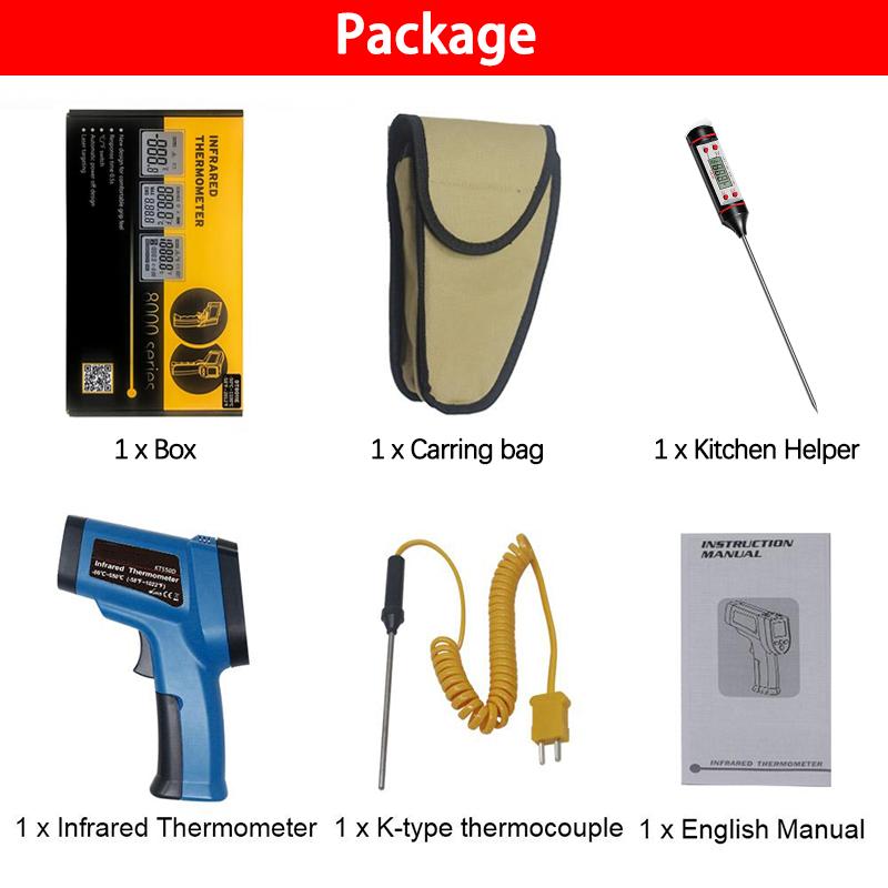 Infrared Thermometers with K-Type Probe Non-contact High Temperature Meter Imager Infrared Laser Thermometer