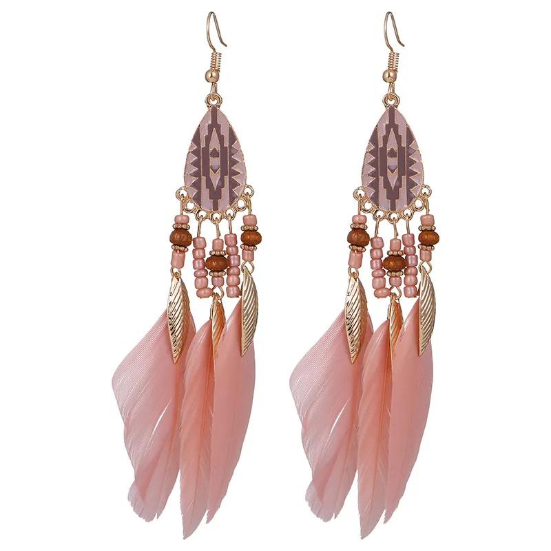 Ethnic Long Feather Drop Earrings For Women Bohemian Tassel Handmade Beads Leaf Dangle Earring Lady Elegant Party Jewelry