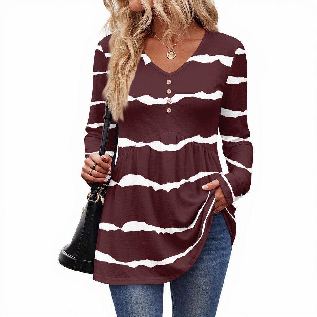 Women's Casual Fashion V-Neck Button Striped Long Sleeve Top