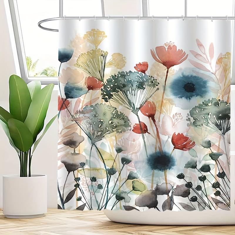 1pc Elegant Floral Ink Wash Painting Shower Curtain, High-End Polyester Bathroom Decor with Hooks, Machine Washable