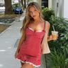 European & American Spicy Girl Lace Patchwork Camisole Dress with Plaid Color Block, Bow, and Ruffle Hem Short Skirt.