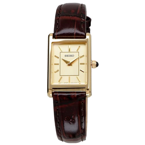 Seiko Women's Square Quartz Watch SWR066 with Champagne Gold Dial and Brown Leather Band