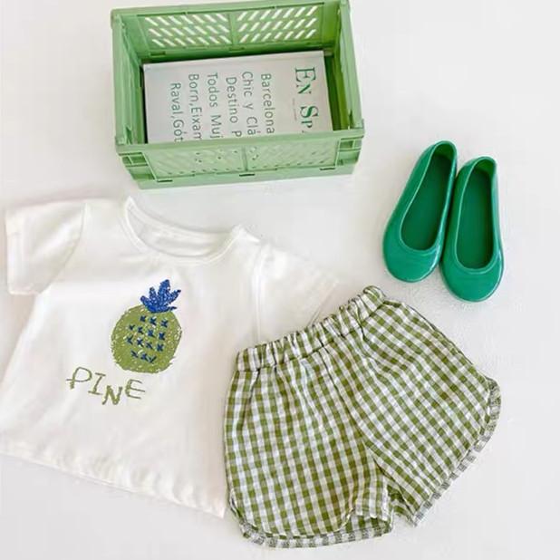 Mode 2-teiliges Baby Mädchen Kurzarm Anzug Frucht Print Sets Kinder T-Shirts + Shorts Karomuster Kleidung Kleinkind Prinzessin Mädchen Outfits
