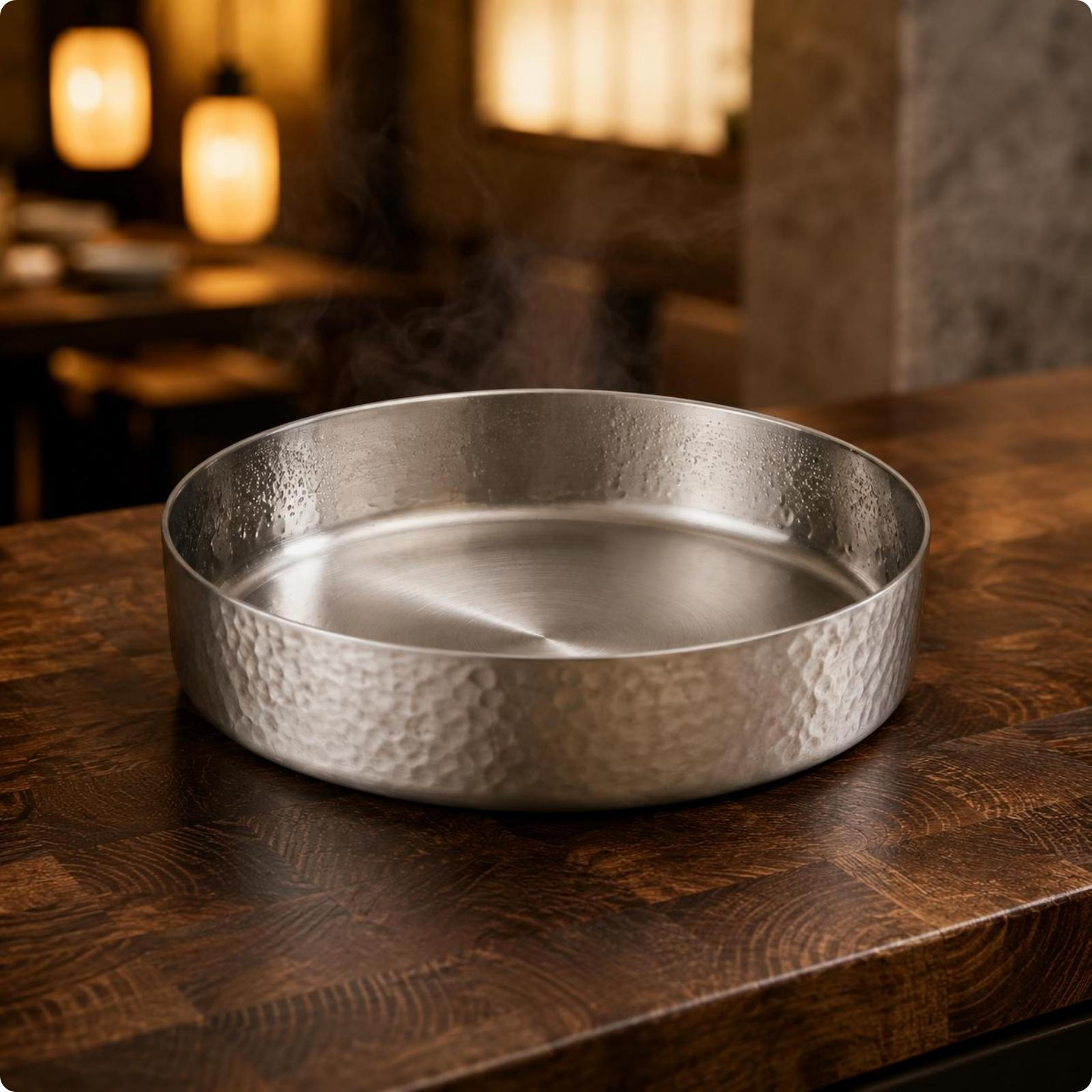 Stainless Steel Serving Dish Hammered Shallow Silver Finish Round Plate Silver 18CM