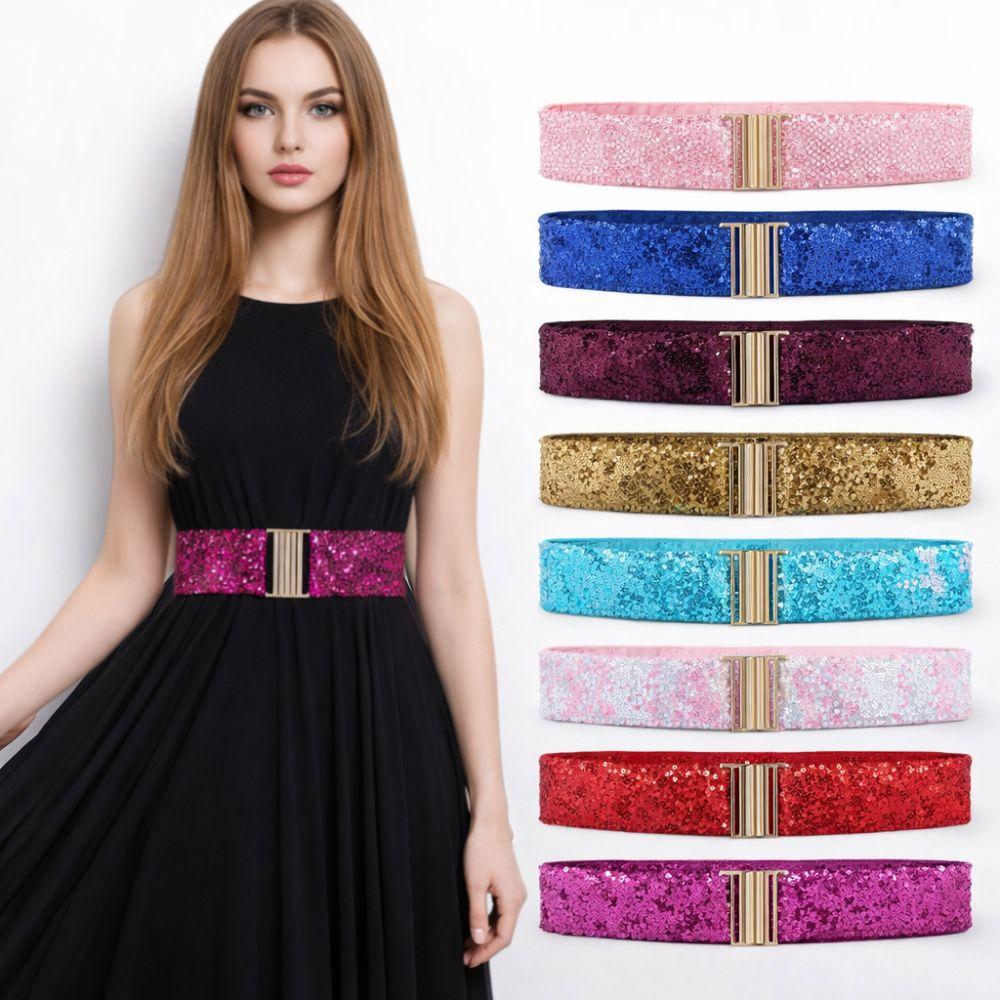 Cintura Elastica con Fibbia Dorata a Disco, Lurex e Paillettes, 60cm, da Donna, Fashion, Lucida, per Abiti
