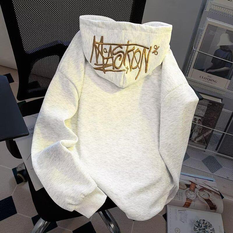 Pánská mikina s kapucí, vyšívaným písmenem a plyšem - Unisex americký styl, těžká na podzim/zimu, ležérní volný střih.