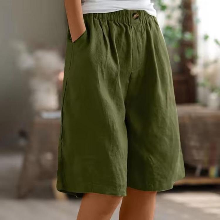 Pantaloni Corti da Donna in Cotone e Lino Moda Vita Elastica Ampia Colore Unico Tasca Bottone Pantaloncini Capris da Donna