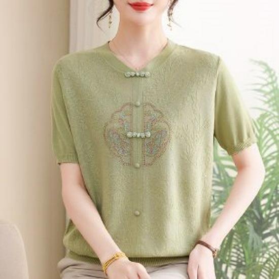 

Versatile Ice Silk Knit T-shirt - Summer 2026, Short-Sleeve Top for Moms, Middle-Aged, and Elderly Women s Stylish Summer Wear XL зелёный