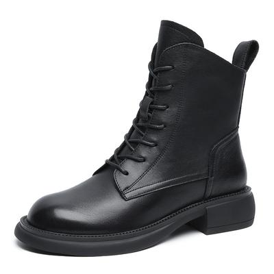 Fashion 3.5CM Women's Ankle Boots Cow Genuine Leather Mid Calf Spring Autumn Plush Winter Flats British Big Size Comfy Ladies Shoes