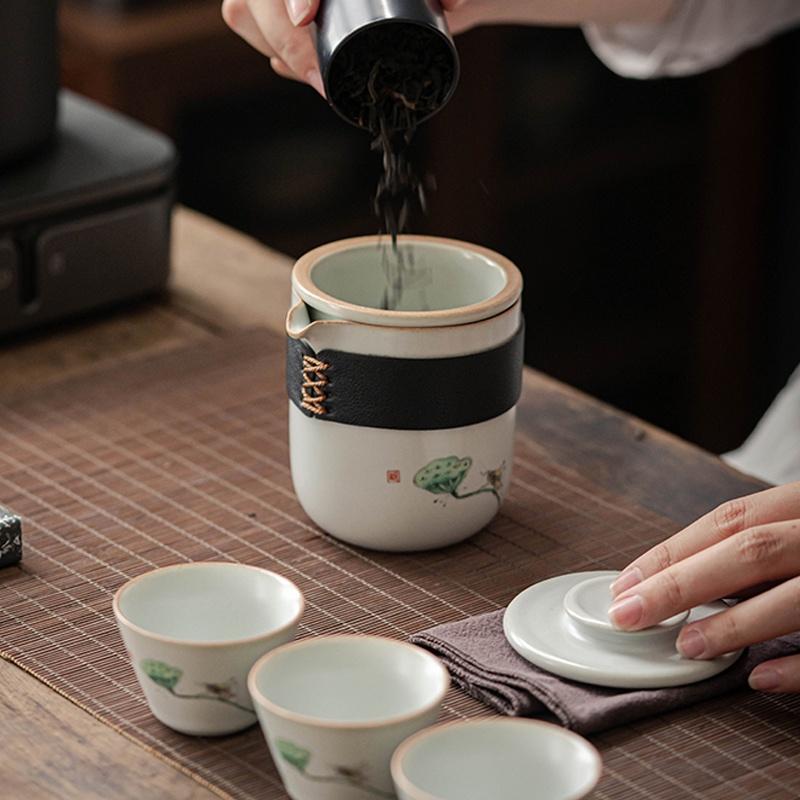 240ml Ru Kiln Ceramic Quick Tea Cup One Pot Three Cups Kung Fu Tea Set Portable Storage