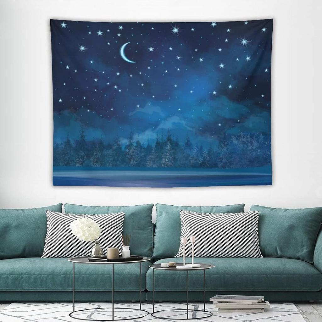 1pc Starry Sky Tapestry Night Scene, Forest Trees Moon Stars Blue, Wall Hanging Tapestry Bedroom Dormitory Living Room
