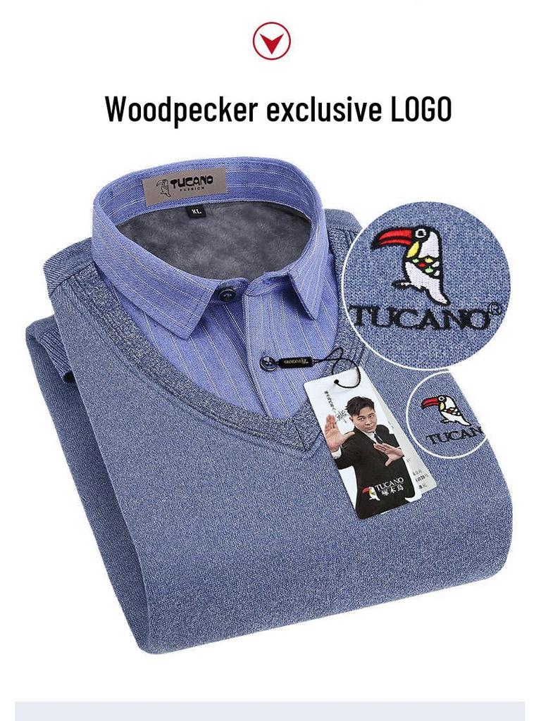 Woodpecker Men's Fleece-Lined Long Sleeve Two-in-One Thick Shirt Sweater for Dad
