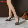 Fashion Aphixta Luxury Pearl Crystals Chain Pumps Women Shoes 10cm Super High Thin Heels Pointed Toe Patent Leather Office Stiletto Heel