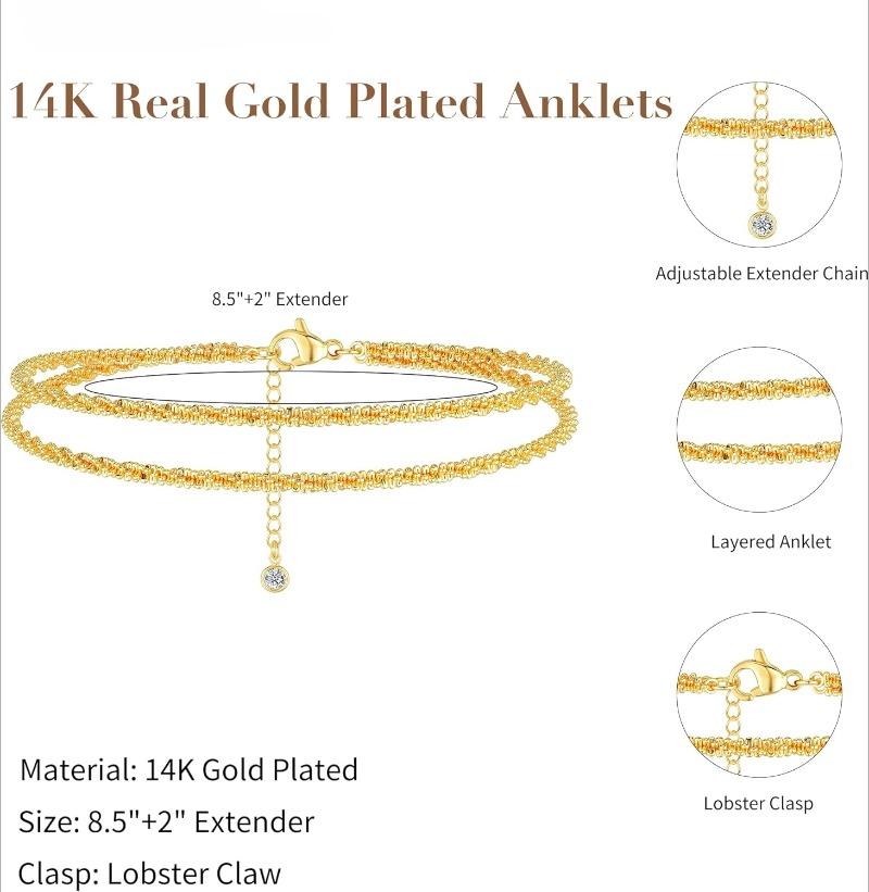 Ankle Bracelets for Women Girls Glitter Waterproof Adjustable 14K Gold Plated/ Silver Layered Anklets Beach Foot Jewerly