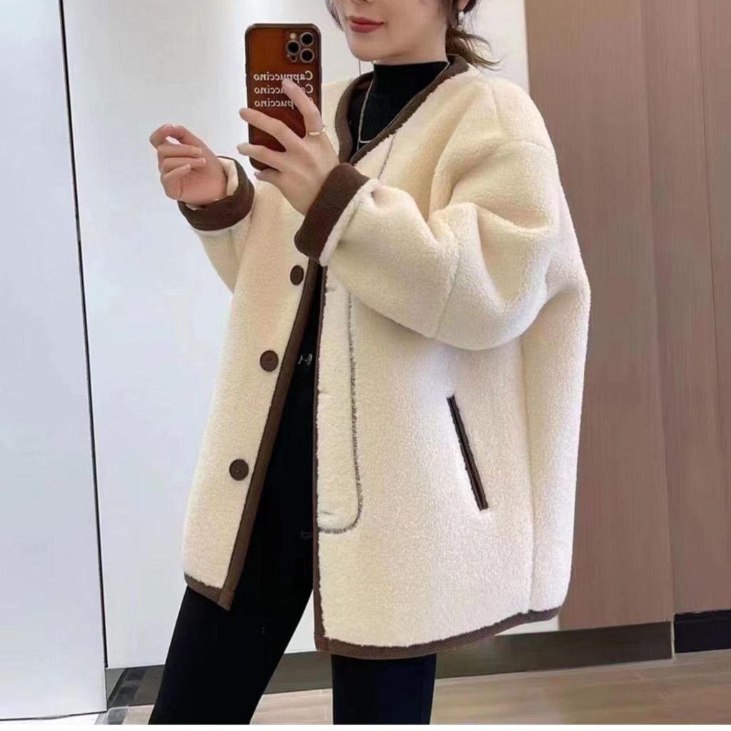 Women's Taro Purple Shearling Lambswool Coat - Korean Style, Loose Fit, Thickened Winter Top