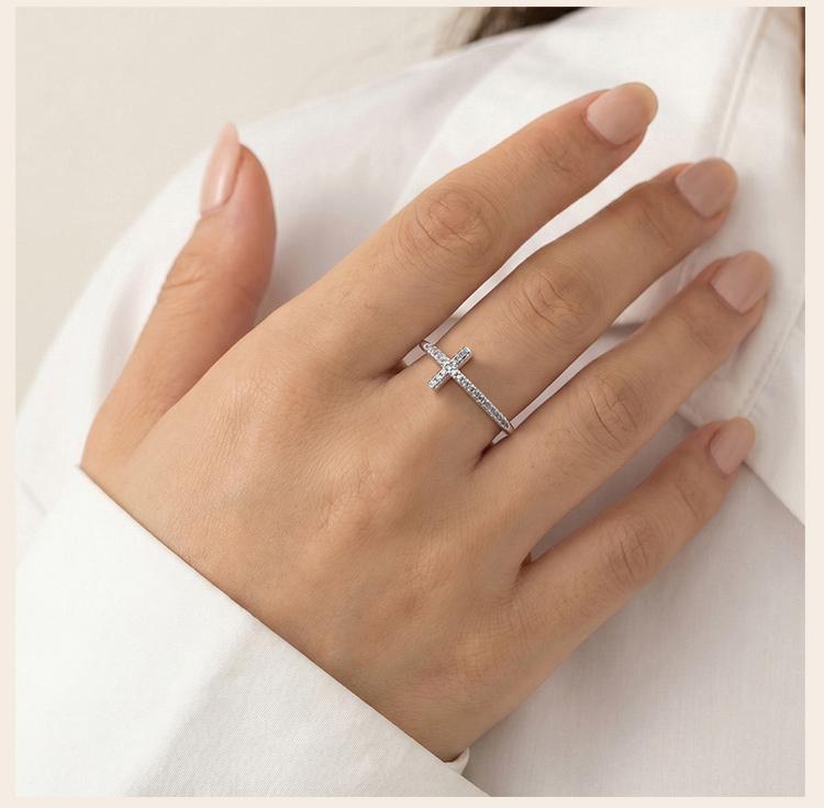 Cross Ring for Women 14k Gold Plated Sideway Cross Adjustable Open Ring Cubic Zirconia Jewelry