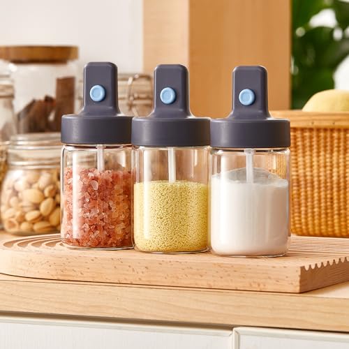 ZASA Seasoning Containers, 262ml, Set of 3, Spice Bottles with Spoons, Tested by the Japan Food Analysis Center, Salt Shaker, Sugar Shaker, Spice Shak