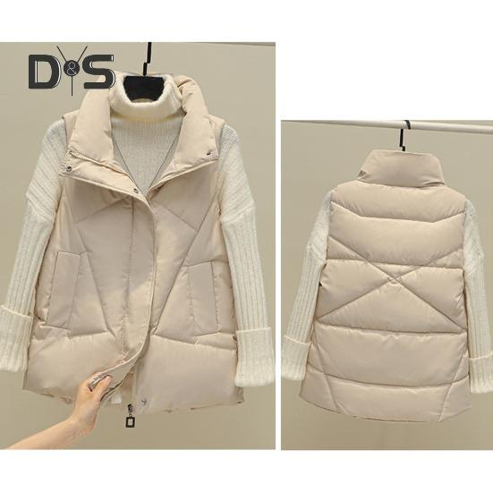 Women Fall Winter Vest Coat Thickened Padded Solid Color Sleeveless Cardigan Zipper Closure Stand Collar Pockets Windproof Warm Women Plus Size