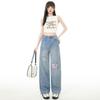 Spring Summer Rhinestone Ripped Lace High Waist Slim Narrow Wide Leg Trendy Casual Denim Pants Female Casual Pants Oversize Denim Trousers