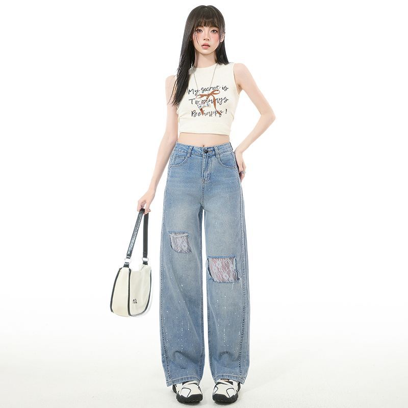 Spring Summer Rhinestone Ripped Lace High Waist Slim Narrow Wide Leg Trendy Casual Denim Pants Female Casual Pants Oversize Denim Trousers