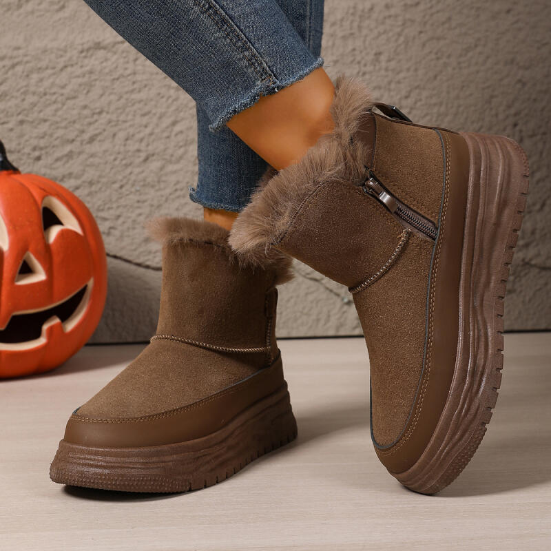 Fashion Chunky Platform Suede Snow Boots Women 2025 Winter Soft Thick Bottom Side Zip Fluffy Fur Ankle Boots Warm Plush Woman's Shoes
