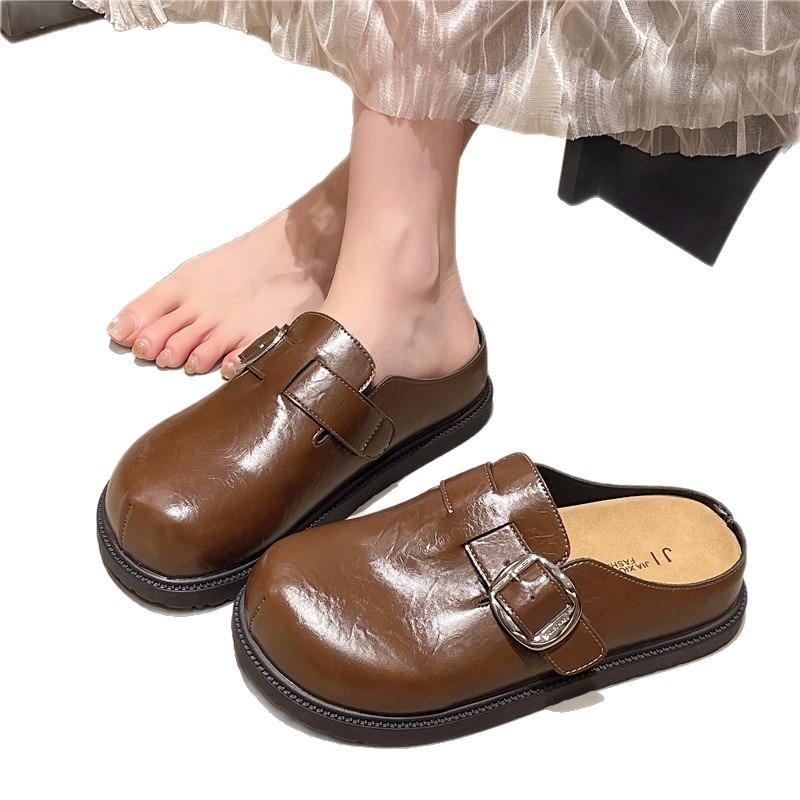 Retro style simple belt buckle bag head slippers women's autumn half drag fashion one pedal commuter thick-soled love slippers