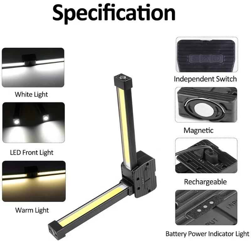 USB Rechargeable LED Work Light Foldable Flashlight with Magnetic Hanging Hook Type-C Charging Torch or Camping Car Repair