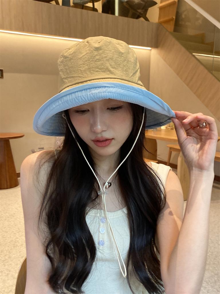 Light and quick-drying wide brim bucket hat Spring and summer camping windbreak rope Contrast color sun hat Sunscreen sunshade basin hat Children