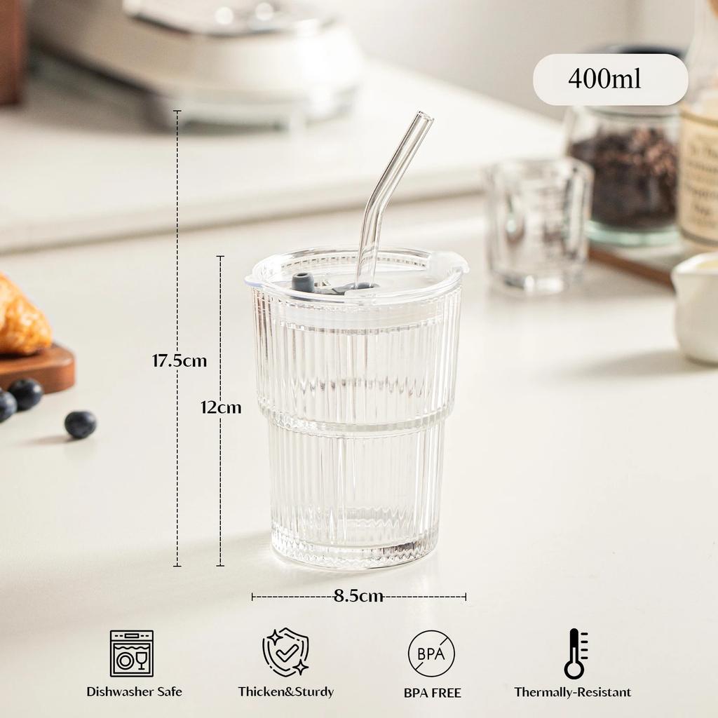 1/2 Pezzi 400ml Bicchiere a Strisce Trasparente Bicchiere da Bevuta con Coperchio e Cannuccia Tazza per Caffè Freddo Tè Bicchiere per Succhi Bicchiere per Latte Acqua