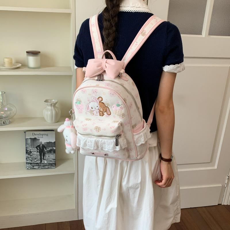 Schoolbag Japanese soft girl rabbit backpack full of printed strawberry cake embroidered backpack bow lace lace school bag
