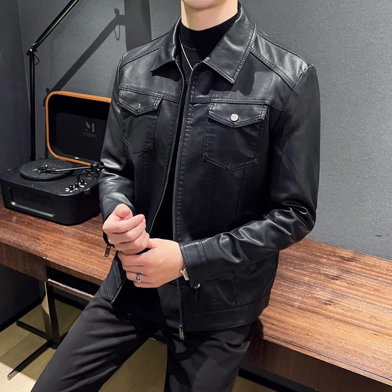 Autumn Men Casual Biker Jacket Men Pu Leather Coat Youth Leisure Faux Leather Jacket Male Loose Fit Mixed Leather Jacket
