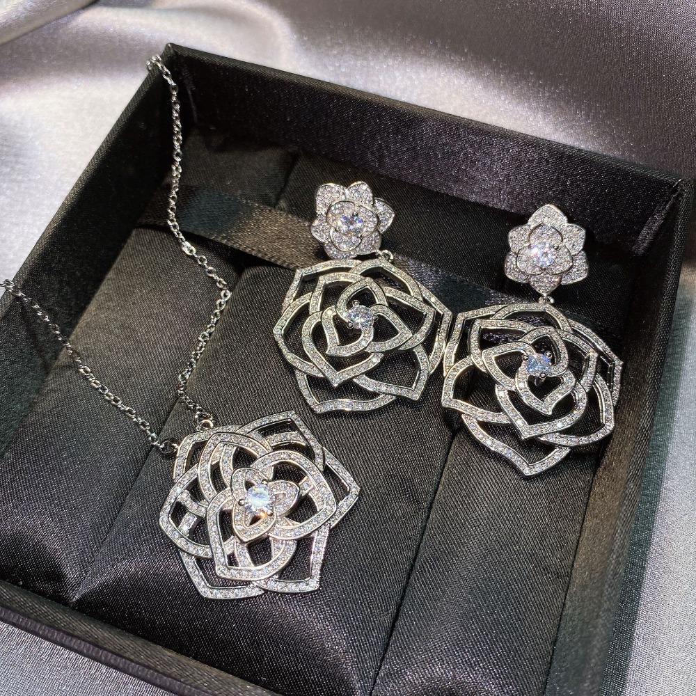 Elegant Women Jewelry Set Rose Necklace Camellia Earrings Floral Ring Openwork Accessories
