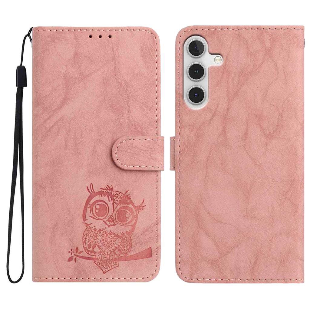 For Samsung Galaxy S25 FE Case Owl Imprinted PU Leather Wallet Phone Cover with Wrist Strap