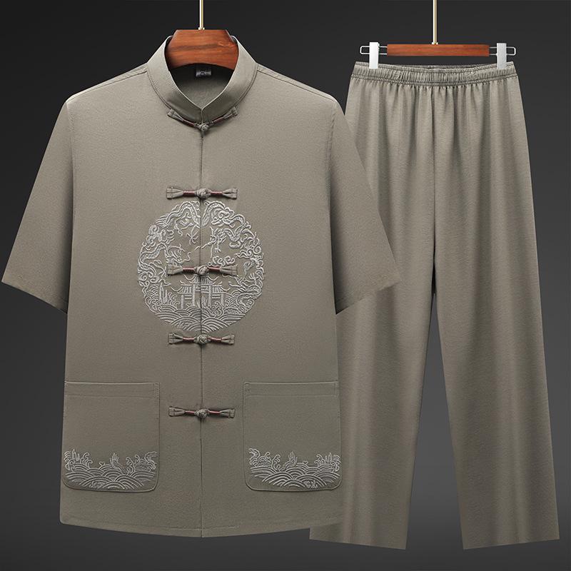 Men's Chinese Style Ice Silk Tang Suit: Two-Piece Summer Set with Short Sleeves and Long Pants for Middle-Aged and Elderly