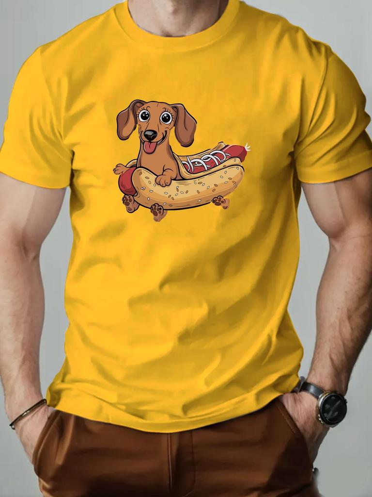 ZX Summer Mens Casual Summer Cartoon Sausage Dog Hot Dog Pattern Tshirt  Lightweight and Breathable Round Neck Top Adult Style