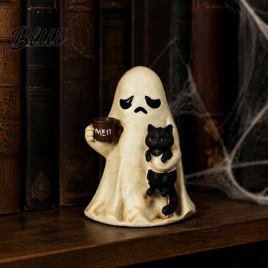 Festival Party Atmosphere Decor Cute Halloween Ghost Figurine Resin Tabletop Ornament with Black Cat And Desktop Ornaments Coffee Cup for Home Office