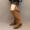 Fashion Footwear Ladies Western Booties Female Designer Buckle Strap Fashion Pointed Toe Women Knee High Boots With Square Heels Shoes