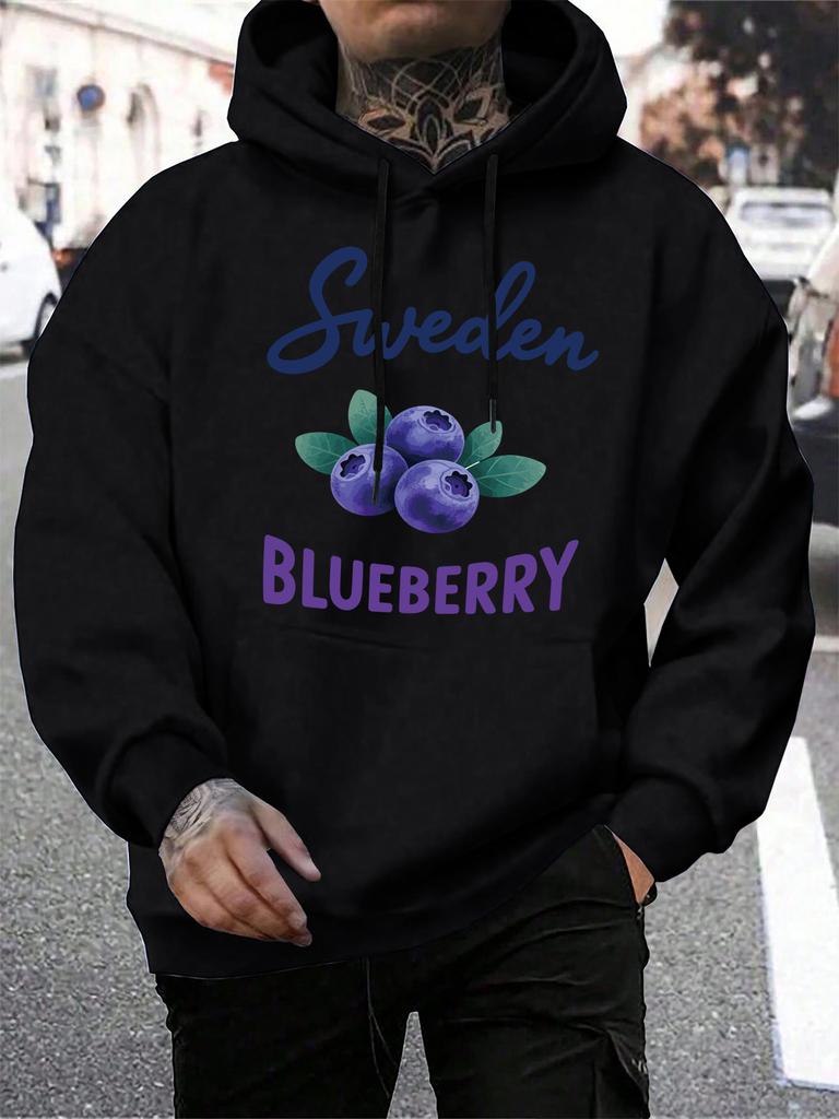 Sweden Blueberry Fresh Fruit Printing Men Hoodie Casual Multicolor Hoody Vintage Pocket Hoodies Comfortable Fleece Man Clothing
